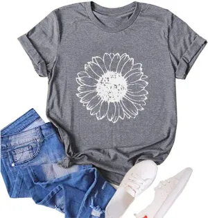 Women's Summer Sunflower T Shirt Cute Flower Graphic Loose Tees Crew Neck Short Sleeve Casual Tops