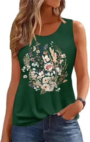 Women's Summer Tank Tops Sleeveless Vintage Flower Graphic Tees Boho Cottagecore Wildflowers Cami Shirt Blouse