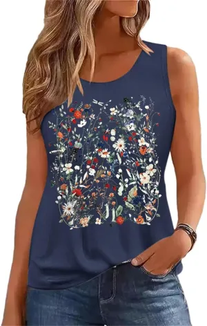 Women's Summer Tank Tops Sleeveless Vintage Flower Graphic Tees Boho Cottagecore Wildflowers Cami Shirt Blouse