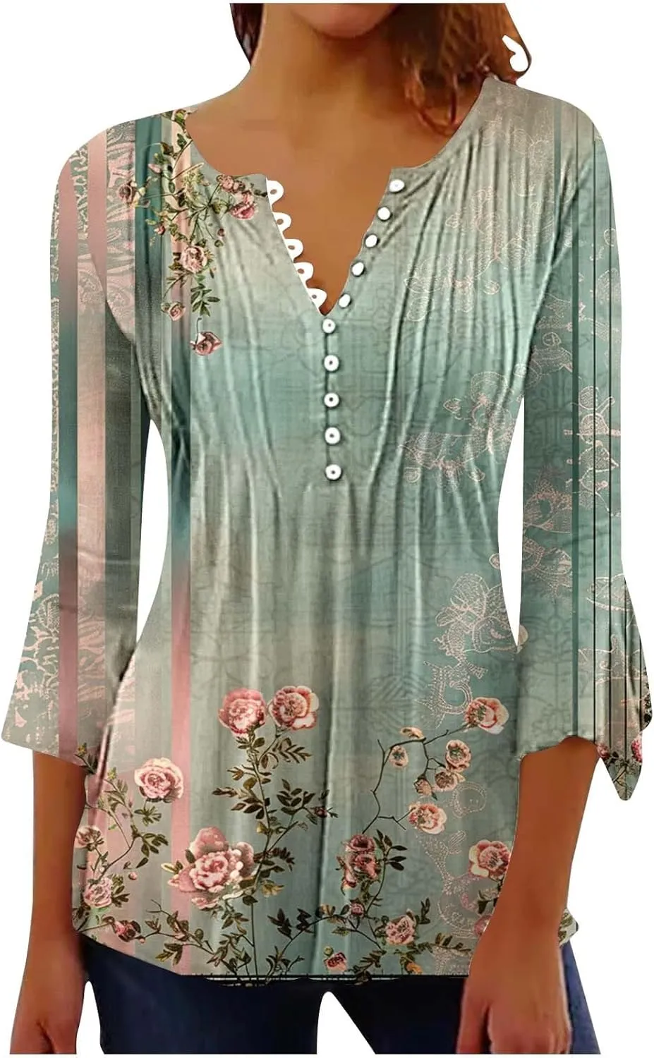 Women's Summer Tops Vintage Print Button Down 3/4 Sleeve Shirts Causal Empire Waist Boho Floral Print Tunic Shirts