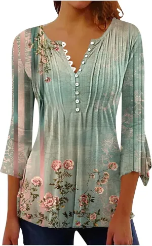 Women's Summer Tops Vintage Print Button Down 3/4 Sleeve Shirts Causal Empire Waist Boho Floral Print Tunic Shirts