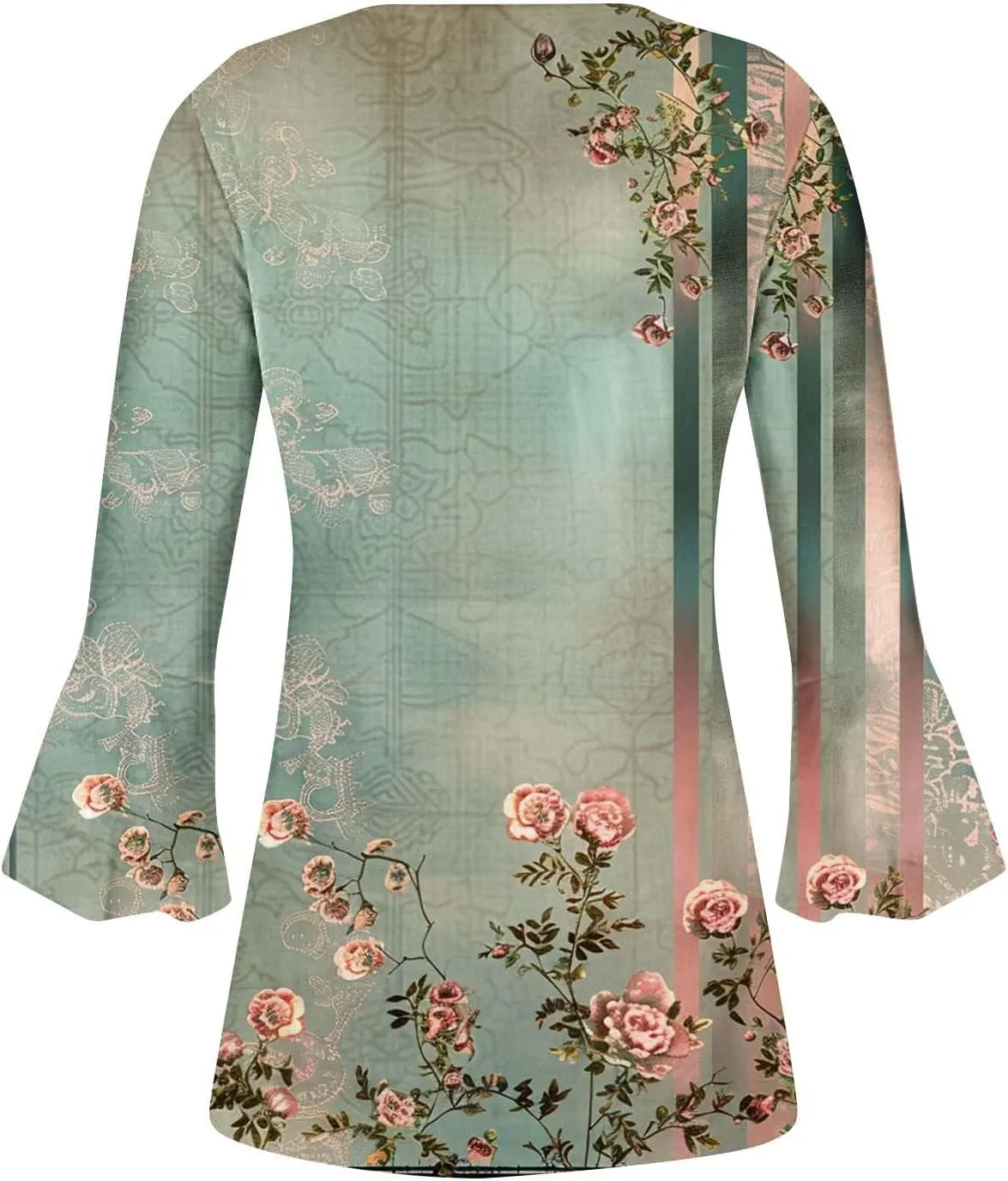 Women's Summer Tops Vintage Print Button Down 3/4 Sleeve Shirts Causal Empire Waist Boho Floral Print Tunic Shirts