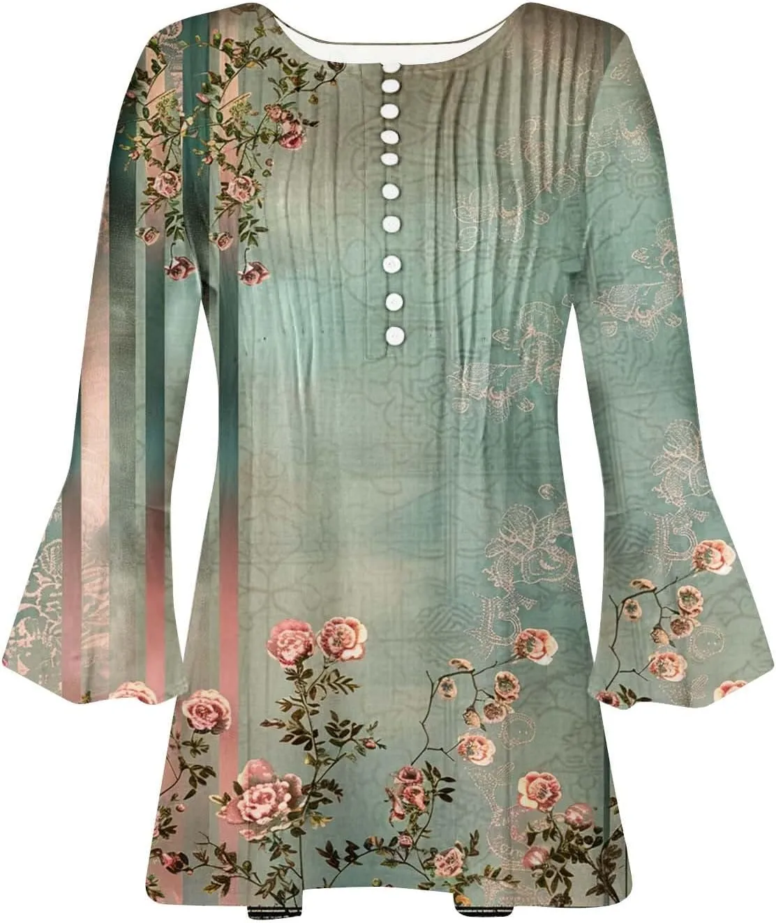Women's Summer Tops Vintage Print Button Down 3/4 Sleeve Shirts Causal Empire Waist Boho Floral Print Tunic Shirts