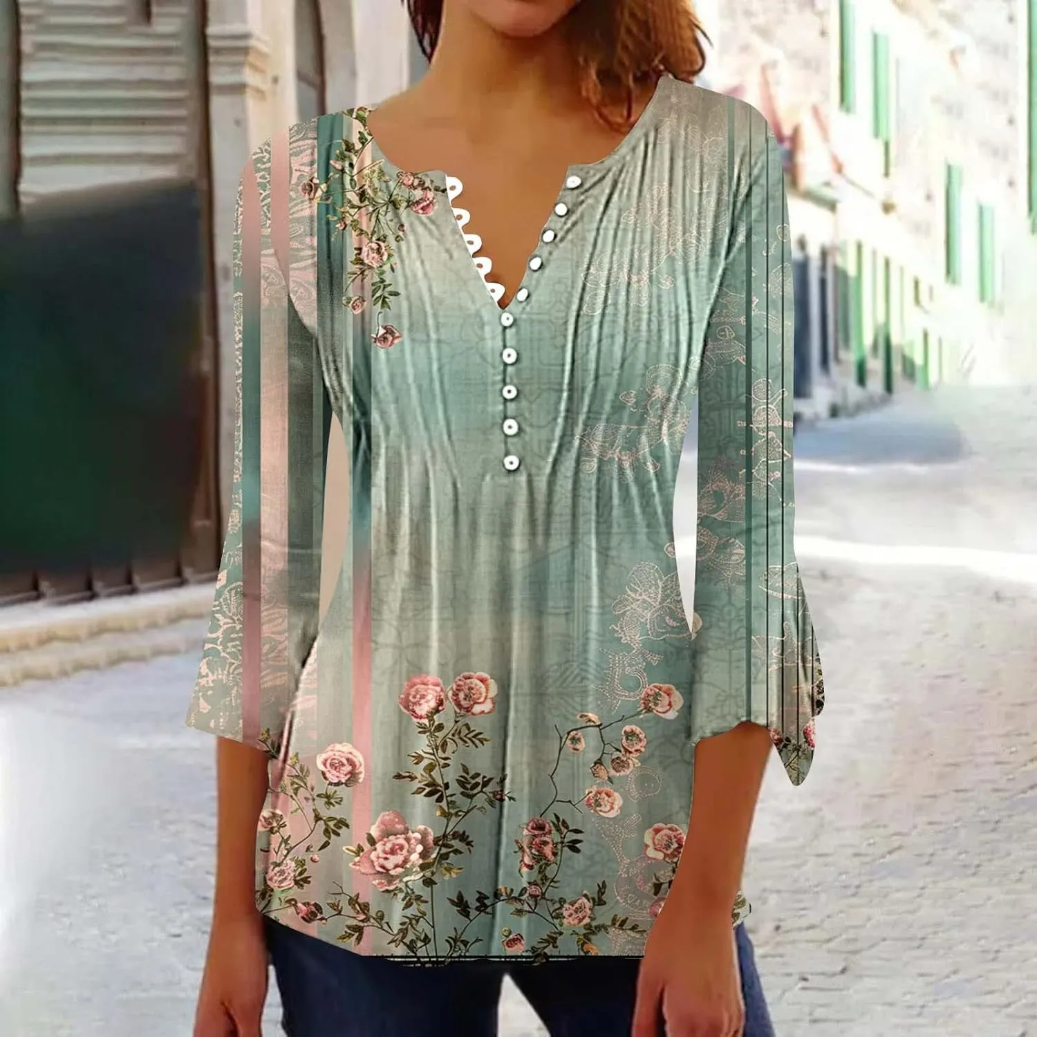 Women's Summer Tops Vintage Print Button Down 3/4 Sleeve Shirts Causal Empire Waist Boho Floral Print Tunic Shirts