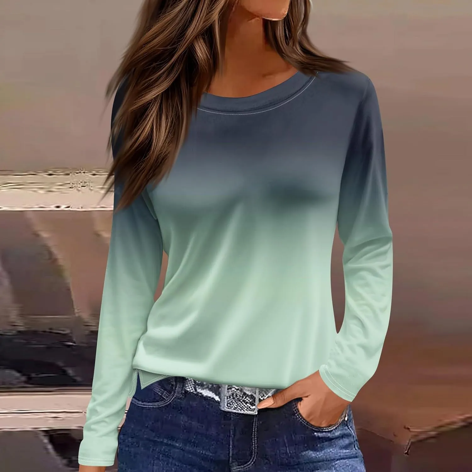 Women's Tops Long Sleeve Spring Shirts 2025 Trendy Loose Fit Crew Neck Floral Print Dressy Blouses