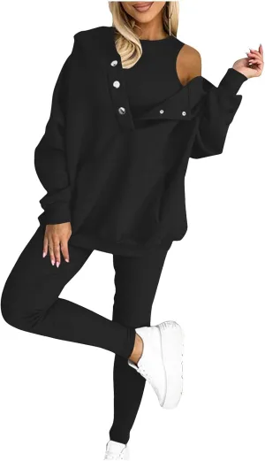 Womens Tracksuits Set 3 Piece Outfits Fall Winter Workout Gym Run Yoga Sweatsuits Oversized Hoodie Tank Tops Leggings