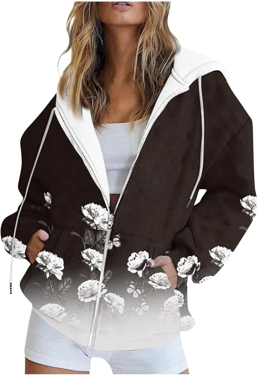 Women's Trendy Floral Printing Jacket Zip Up Long Sleeve Hoodies Streetwear Fashion Coat With Pockets