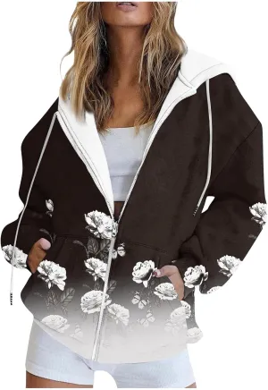 Women's Trendy Floral Printing Jacket Zip Up Long Sleeve Hoodies Streetwear Fashion Coat With Pockets