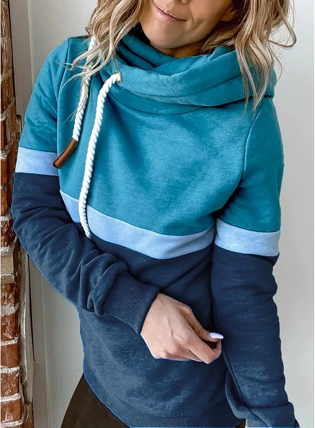 Women's Turtleneck Hoodie Colorblock Long Sleeve Casual Sweatshirt Fashion Drawstring Workout Hooded Pullover