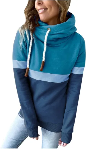 Women's Turtleneck Hoodie Colorblock Long Sleeve Casual Sweatshirt Fashion Drawstring Workout Hooded Pullover
