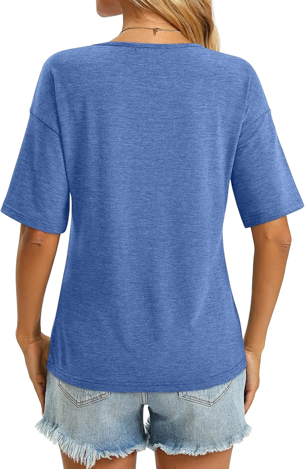 Women's V Neck Tops Elbow Length Shirts Loose Fit Summer Tops Basic Tees