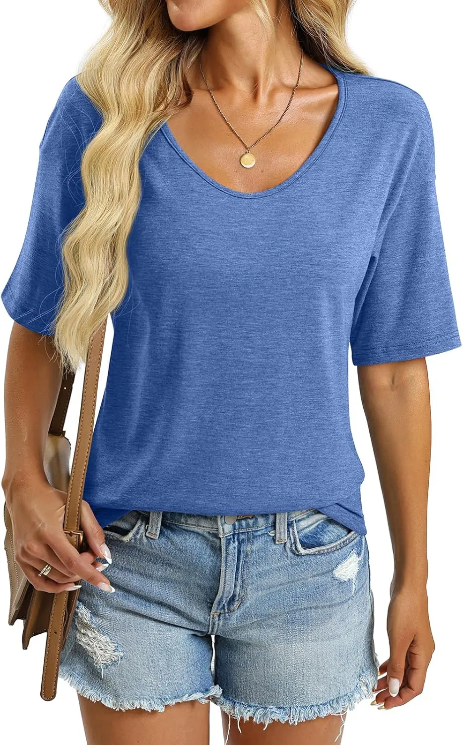 Women's V Neck Tops Elbow Length Shirts Loose Fit Summer Tops Basic Tees