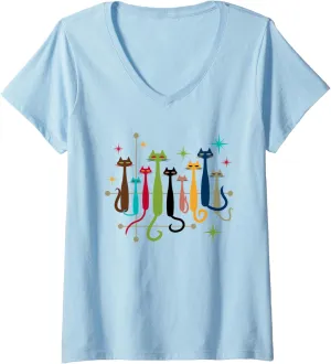 Womens Vintage Retro Mid-Century Modern Look Cats 50s 60s Style V-Neck T-Shirt
