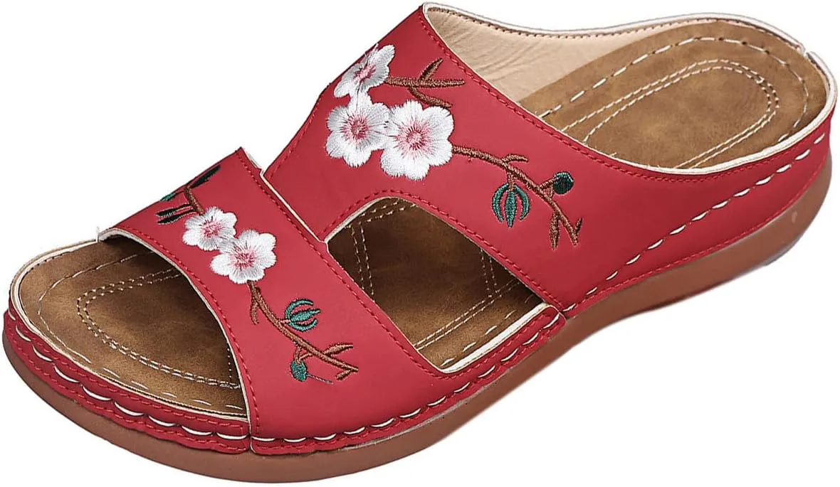 Womens Wedge Sandals Summer Dressy Open Toe Embroidered Wedges, Comfortable Walking Low Sandals Casual Slip on Orthopedic Sandal Slippers All Day Comfort