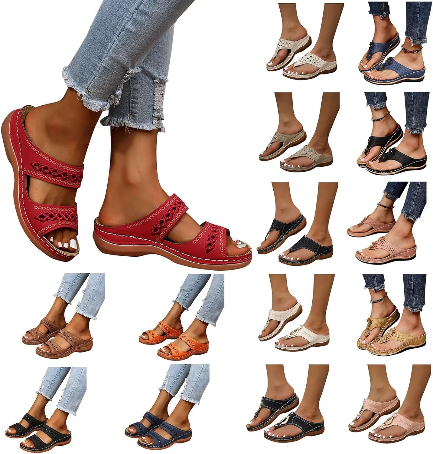 Womens Wedge Sandals Summer Dressy Open Toe Embroidered Wedges, Comfortable Walking Low Sandals Casual Slip on Orthopedic Sandal Slippers All Day Comfort