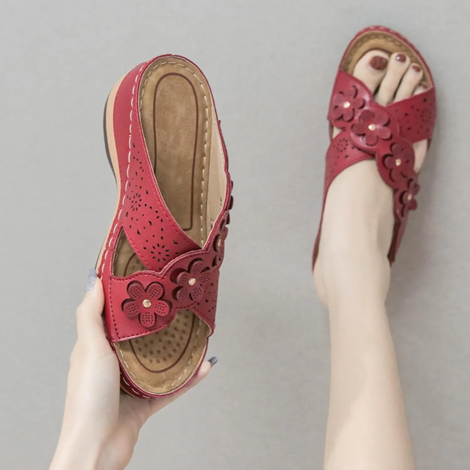Womens Wedge Sandals Summer Flower Orthopedic Sandals for Women, Comfortable Open Toe Cross Strap Platform Wedges, Casual Slip on Walking Slippers with Arch support