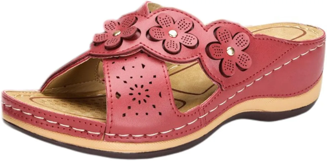 Womens Wedge Sandals Summer Flower Orthopedic Sandals for Women, Comfortable Open Toe Cross Strap Platform Wedges, Casual Slip on Walking Slippers with Arch support