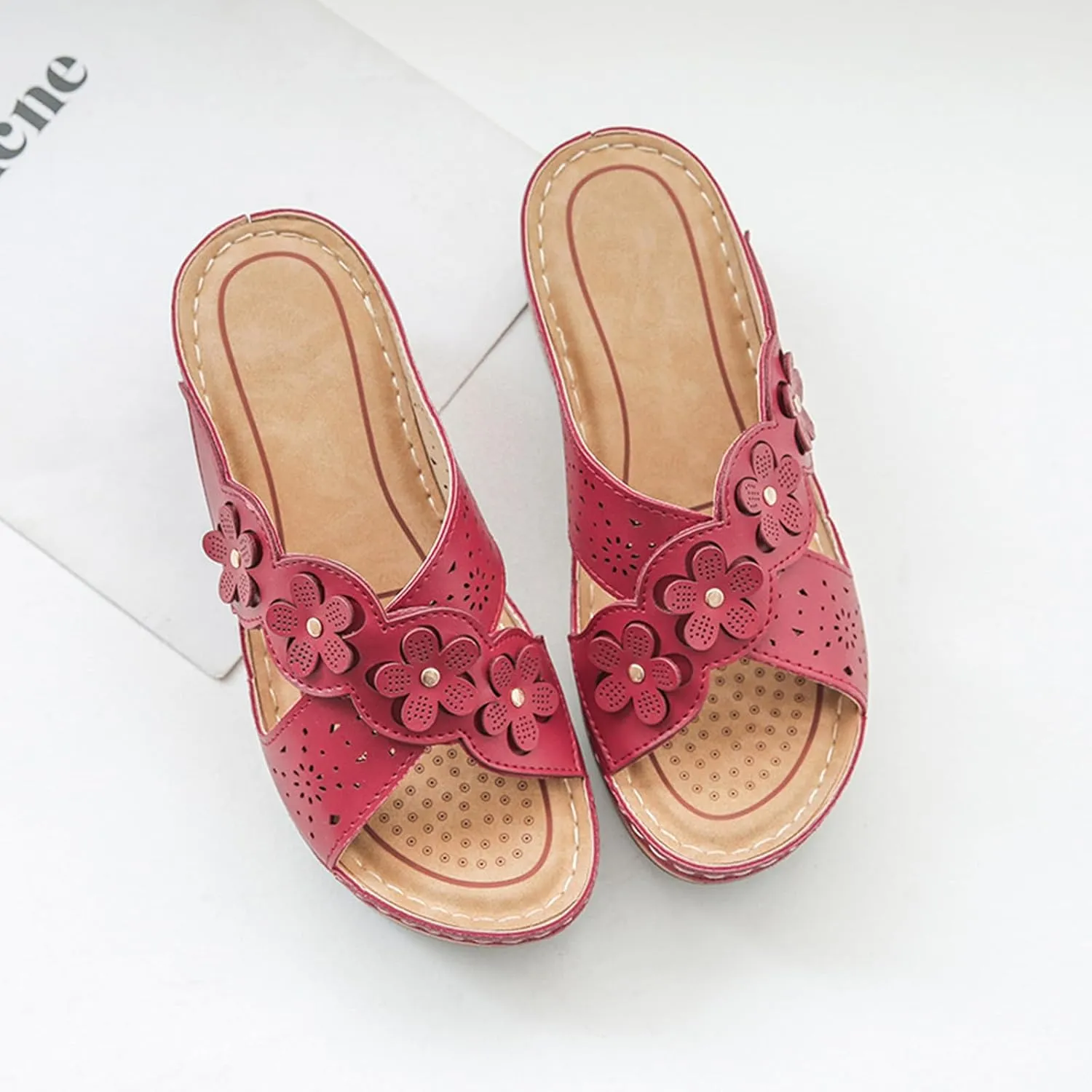 Womens Wedge Sandals Summer Flower Orthopedic Sandals for Women, Comfortable Open Toe Cross Strap Platform Wedges, Casual Slip on Walking Slippers with Arch support