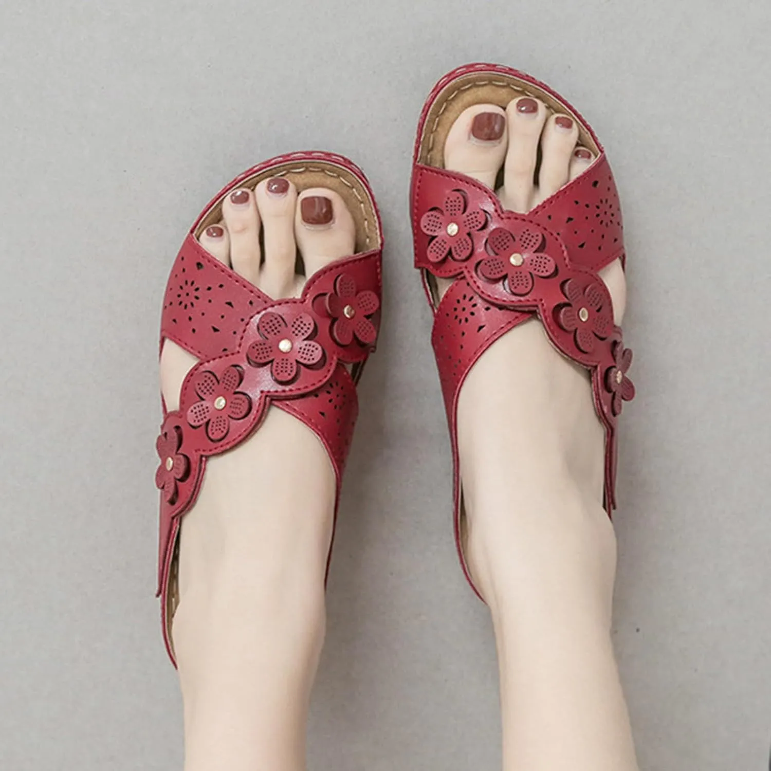 Womens Wedge Sandals Summer Flower Orthopedic Sandals for Women, Comfortable Open Toe Cross Strap Platform Wedges, Casual Slip on Walking Slippers with Arch support