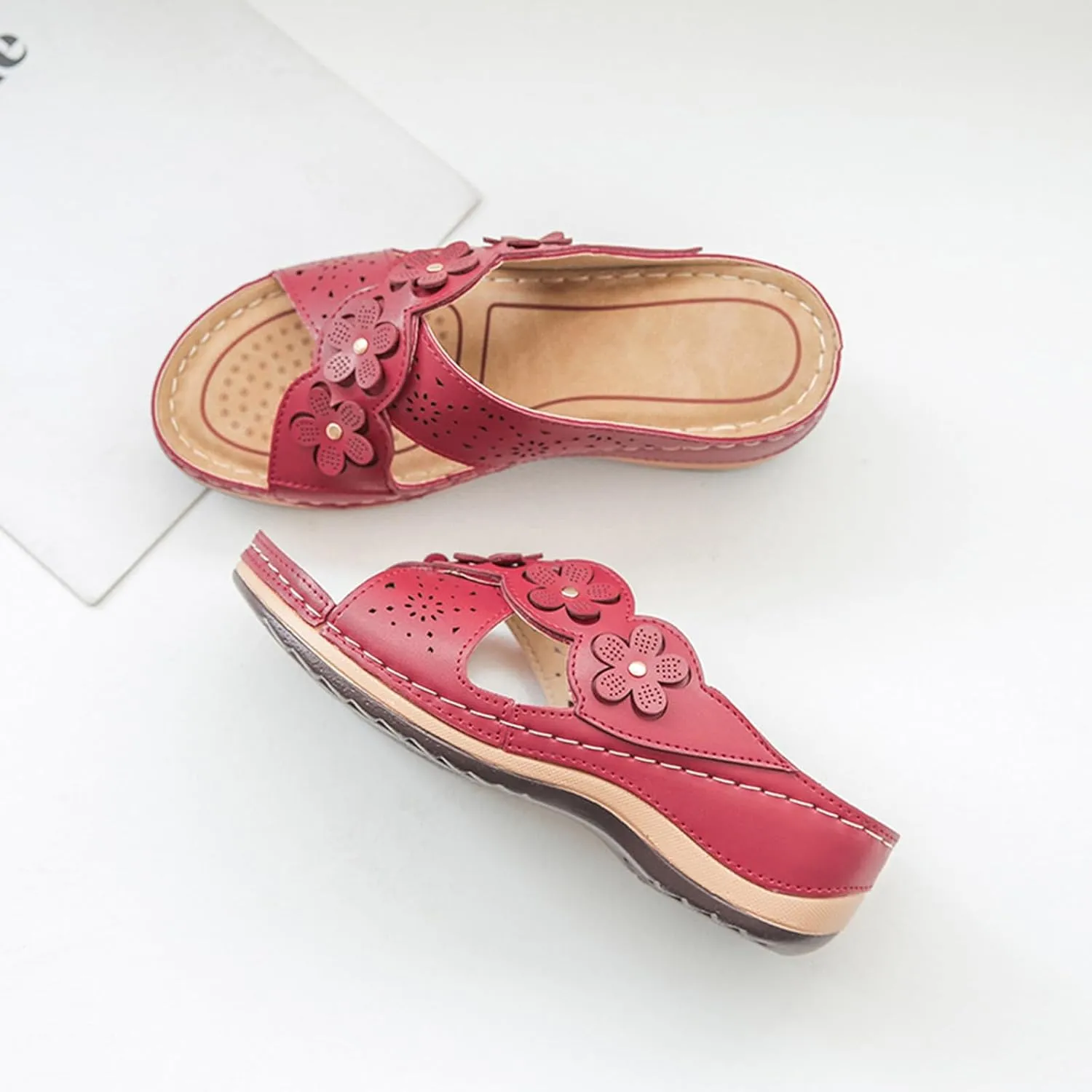 Womens Wedge Sandals Summer Flower Orthopedic Sandals for Women, Comfortable Open Toe Cross Strap Platform Wedges, Casual Slip on Walking Slippers with Arch support