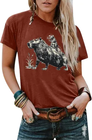 Women's Western Cowboy Shirts Funny Capybara Graphic Tee Casual Short Sleeve Rodeo Outfits Womens Vintage Tops