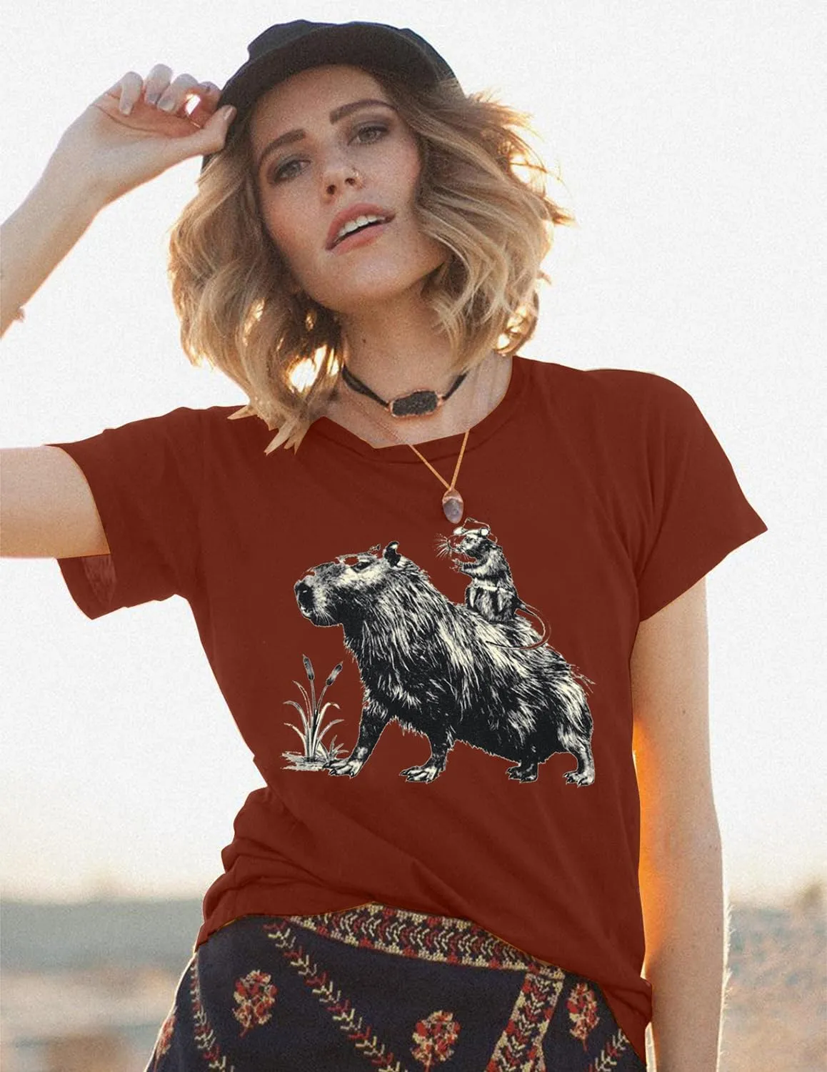 Women's Western Cowboy Shirts Funny Capybara Graphic Tee Casual Short Sleeve Rodeo Outfits Womens Vintage Tops