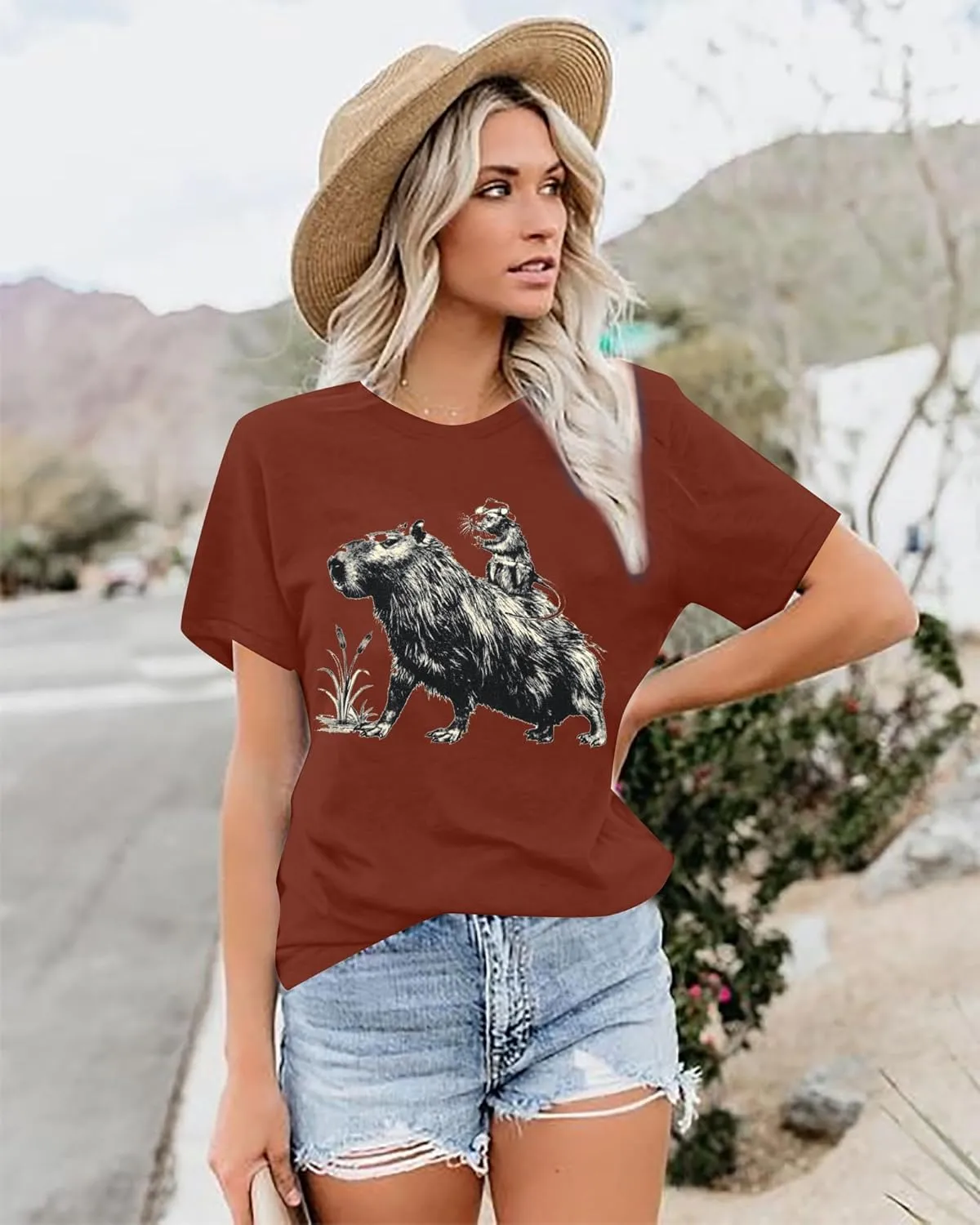 Women's Western Cowboy Shirts Funny Capybara Graphic Tee Casual Short Sleeve Rodeo Outfits Womens Vintage Tops
