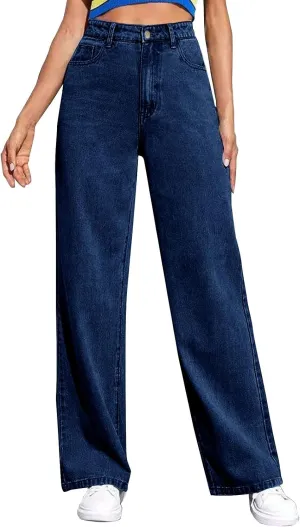 Women's Wide Leg Jeans Casual High Waisted Straight Leg Stretchy Denim Pants Lightweight Trendy Jeans with Pockets