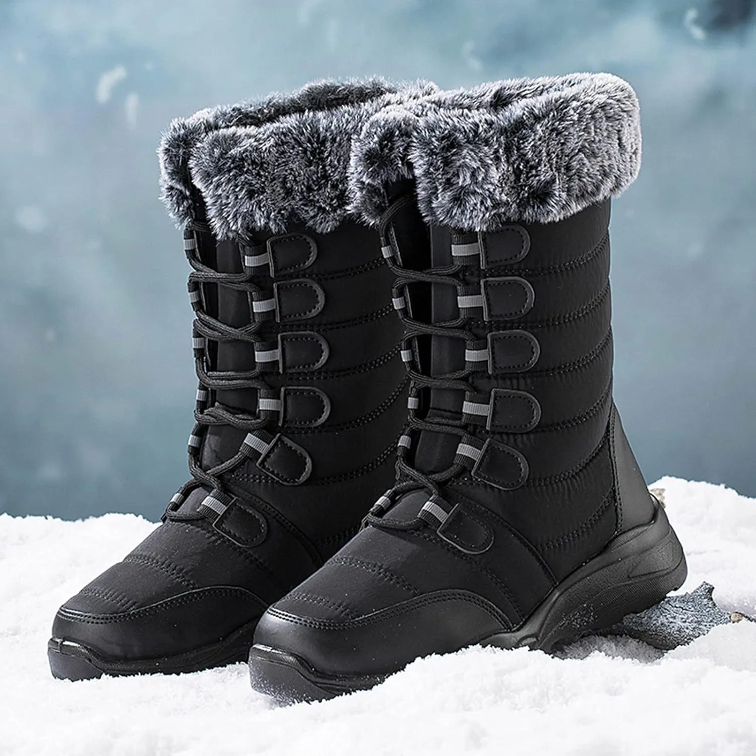 Women's Winter Boots Waterproof Tall Women's Winter Boots Waterproof Non Slip All Black Boots for Winter Snowboots Womens Extra Wide Width Winter Boots