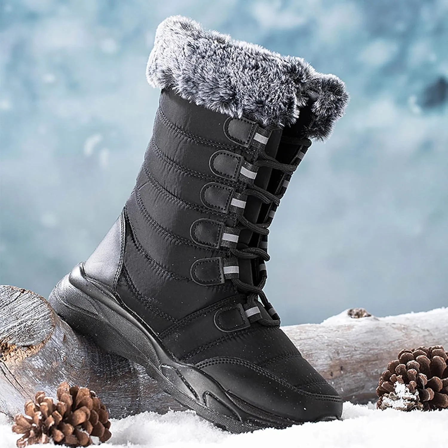 Women's Winter Boots Waterproof Tall Women's Winter Boots Waterproof Non Slip All Black Boots for Winter Snowboots Womens Extra Wide Width Winter Boots