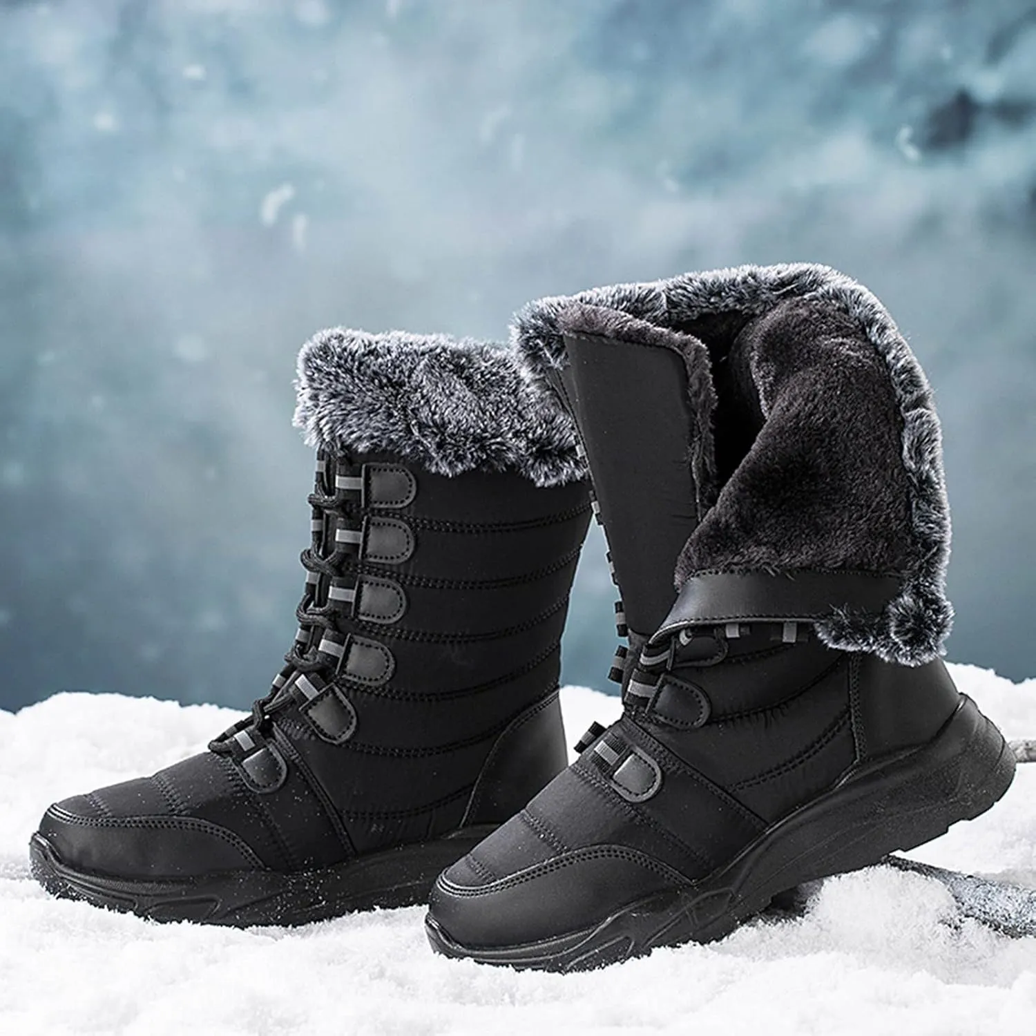 Women's Winter Boots Waterproof Tall Women's Winter Boots Waterproof Non Slip All Black Boots for Winter Snowboots Womens Extra Wide Width Winter Boots