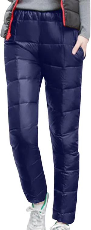 Women's Winter Warm Ski Snow Pants Windproof Padded Quilted Down Pants Thermal Trousers High Waist Outdoor Sweatpants