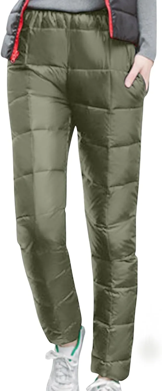 Women's Winter Warm Ski Snow Pants Windproof Padded Quilted Down Pants Thermal Trousers High Waist Outdoor Sweatpants