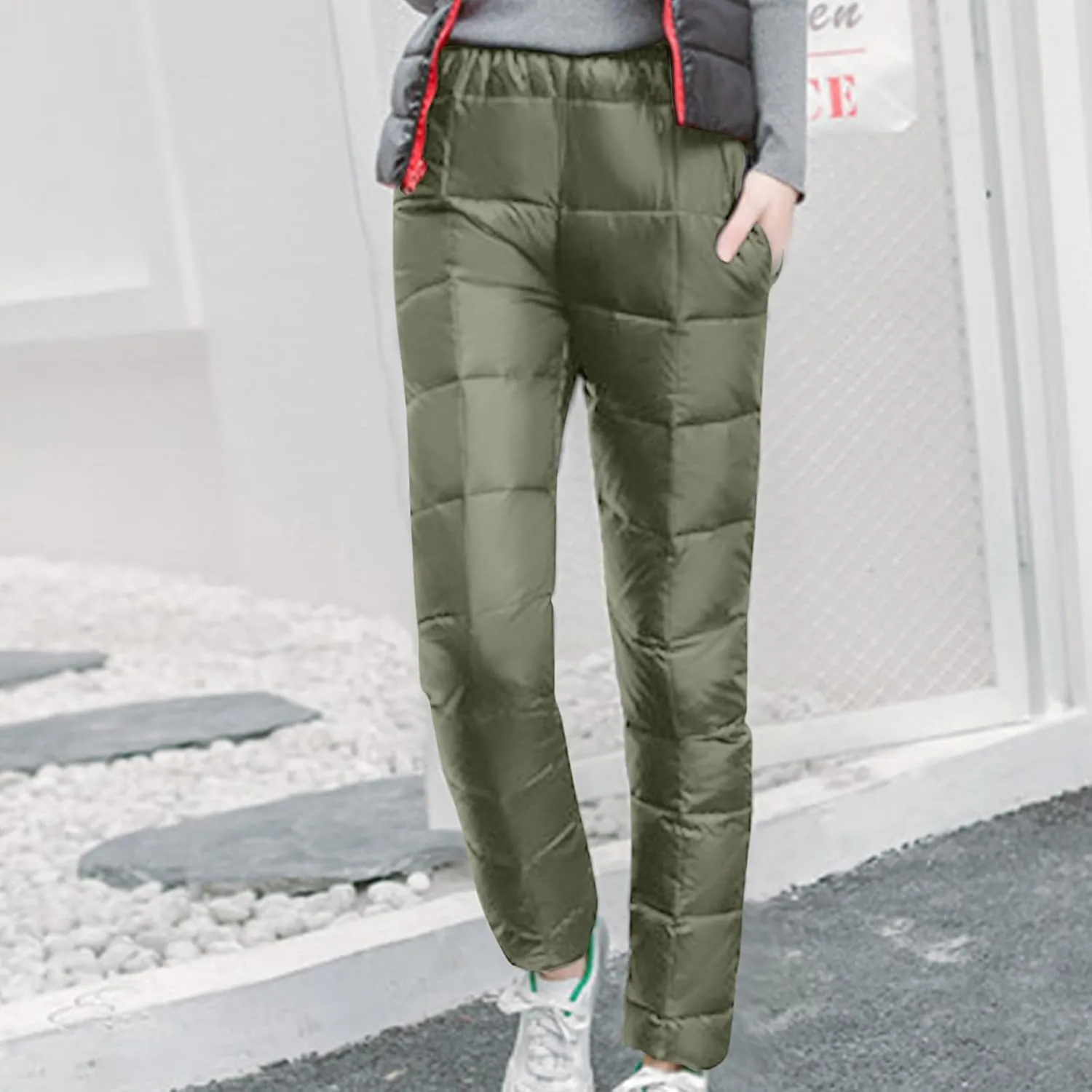 Women's Winter Warm Ski Snow Pants Windproof Padded Quilted Down Pants Thermal Trousers High Waist Outdoor Sweatpants