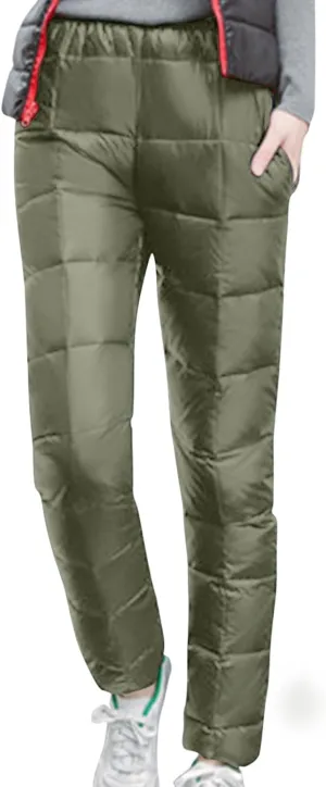Women's Winter Warm Ski Snow Pants Windproof Padded Quilted Down Pants Thermal Trousers High Waist Outdoor Sweatpants