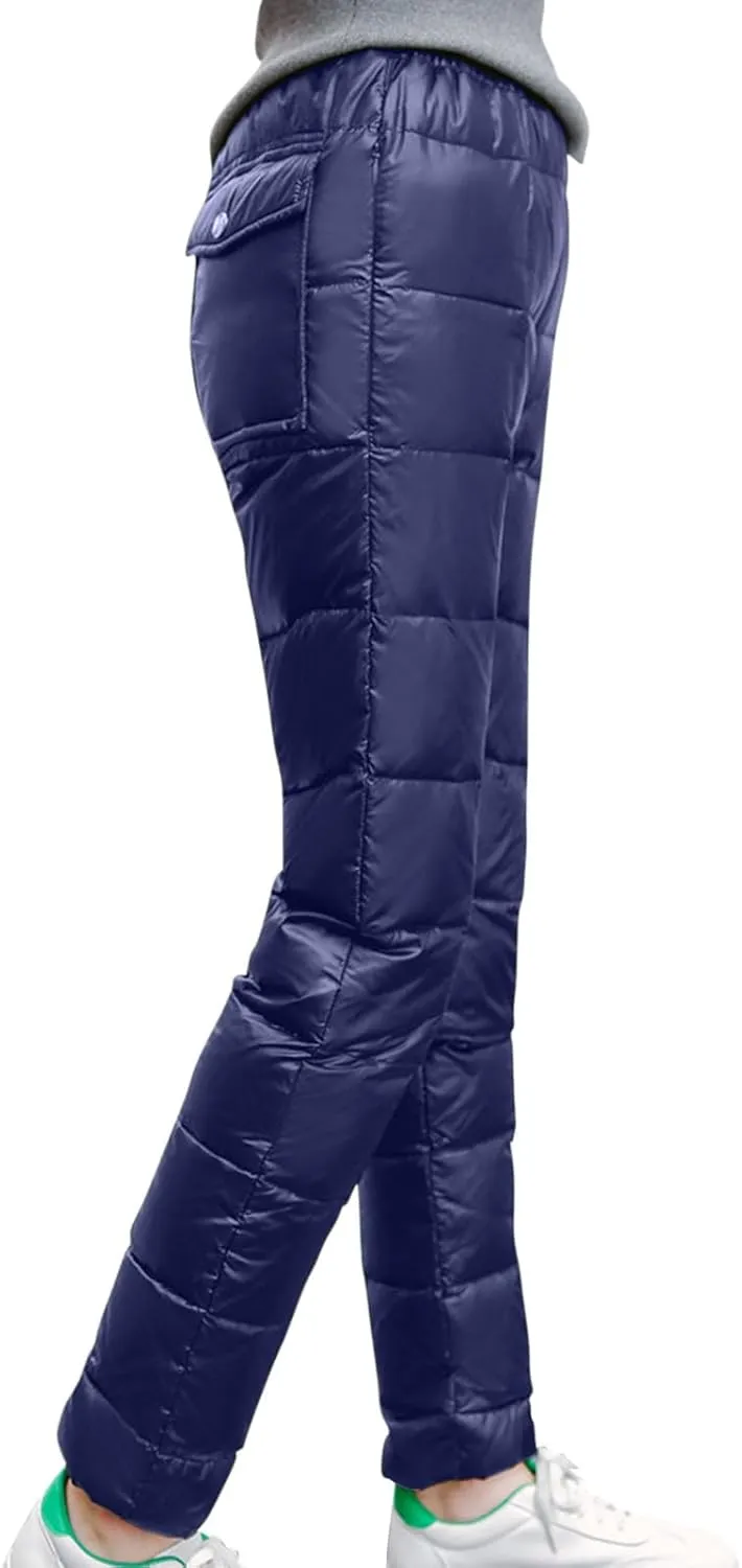 Women's Winter Warm Ski Snow Pants Windproof Padded Quilted Down Pants Thermal Trousers High Waist Outdoor Sweatpants