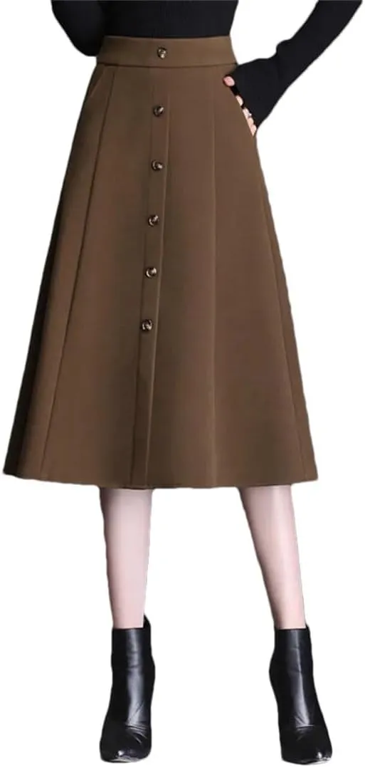 Women's Winter Warm Woolen Skirt High Waist Button Slit Office Pleated Midi Skirt