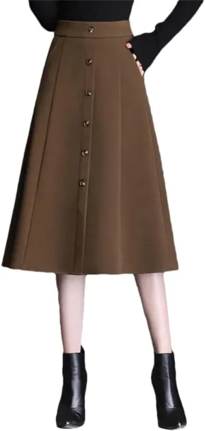 Women's Winter Warm Woolen Skirt High Waist Button Slit Office Pleated Midi Skirt