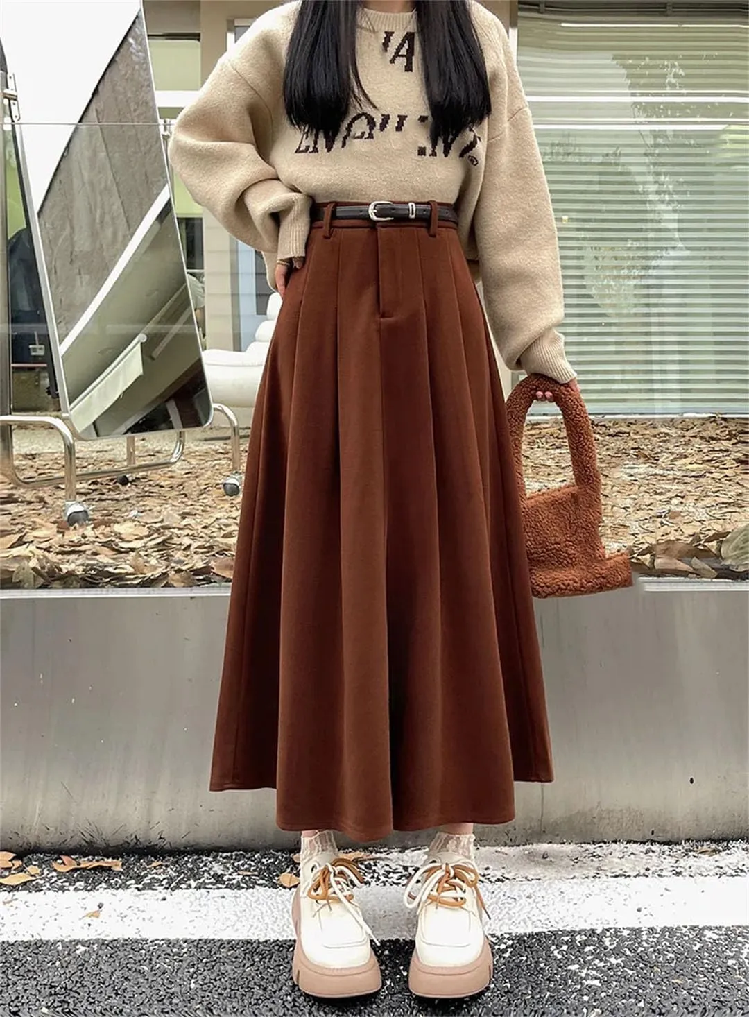 Women's Woolen Pleated Skirt Slim Fit Versatile High Waist Midi Skirt Autumn and Winter Warm Skirt