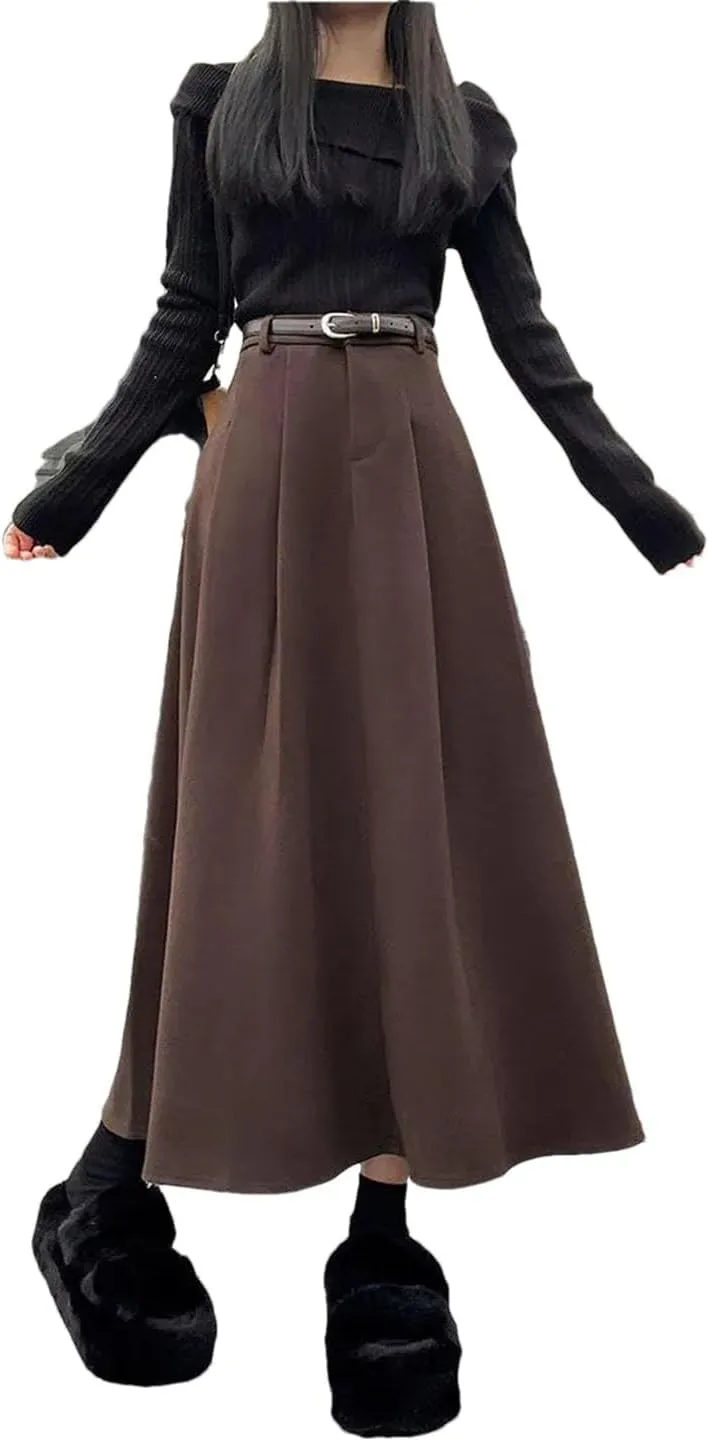 Women's Woolen Pleated Skirt Slim Fit Versatile High Waist Midi Skirt Autumn and Winter Warm Skirt