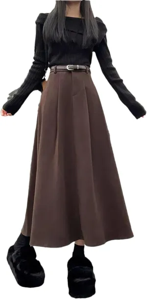 Women's Woolen Pleated Skirt Slim Fit Versatile High Waist Midi Skirt Autumn and Winter Warm Skirt