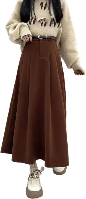 Women's Woolen Pleated Skirt Slim Fit Versatile High Waist Midi Skirt Autumn and Winter Warm Skirt
