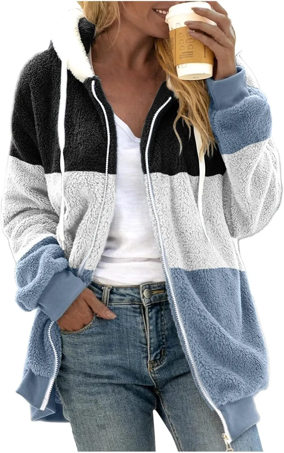Womens Y2k Tops Zipper Long Sleeve Stitching Coats Color Block Fleece Plush Hooded Jacket Dressy Outerwear