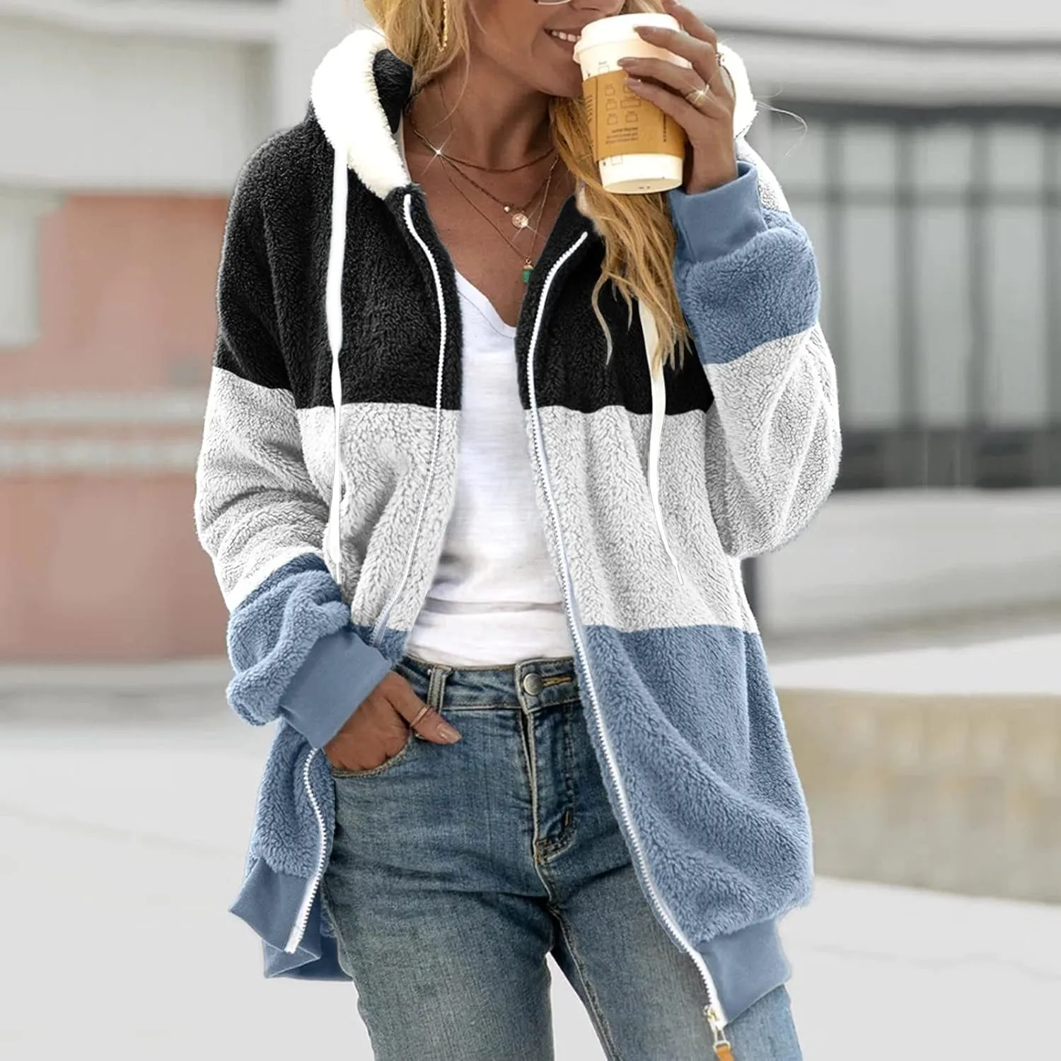 Womens Y2k Tops Zipper Long Sleeve Stitching Coats Color Block Fleece Plush Hooded Jacket Dressy Outerwear