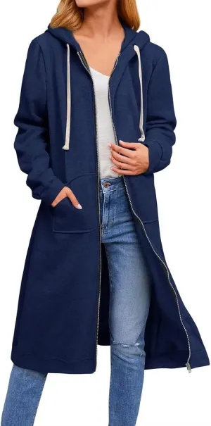 Womens Zip Up Hoodies Knee Length Tunic Sweatshirts Oversized Fleece Long Sleeve Jackets Workout Tops with Pockets