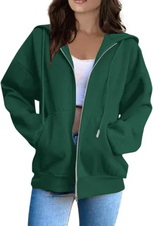 Women's Zip Up Y2K Hoodies Casual Long Sleeve Track Jackets With Pockets Fashion Vintage Oversized Loose Fit Hoodies