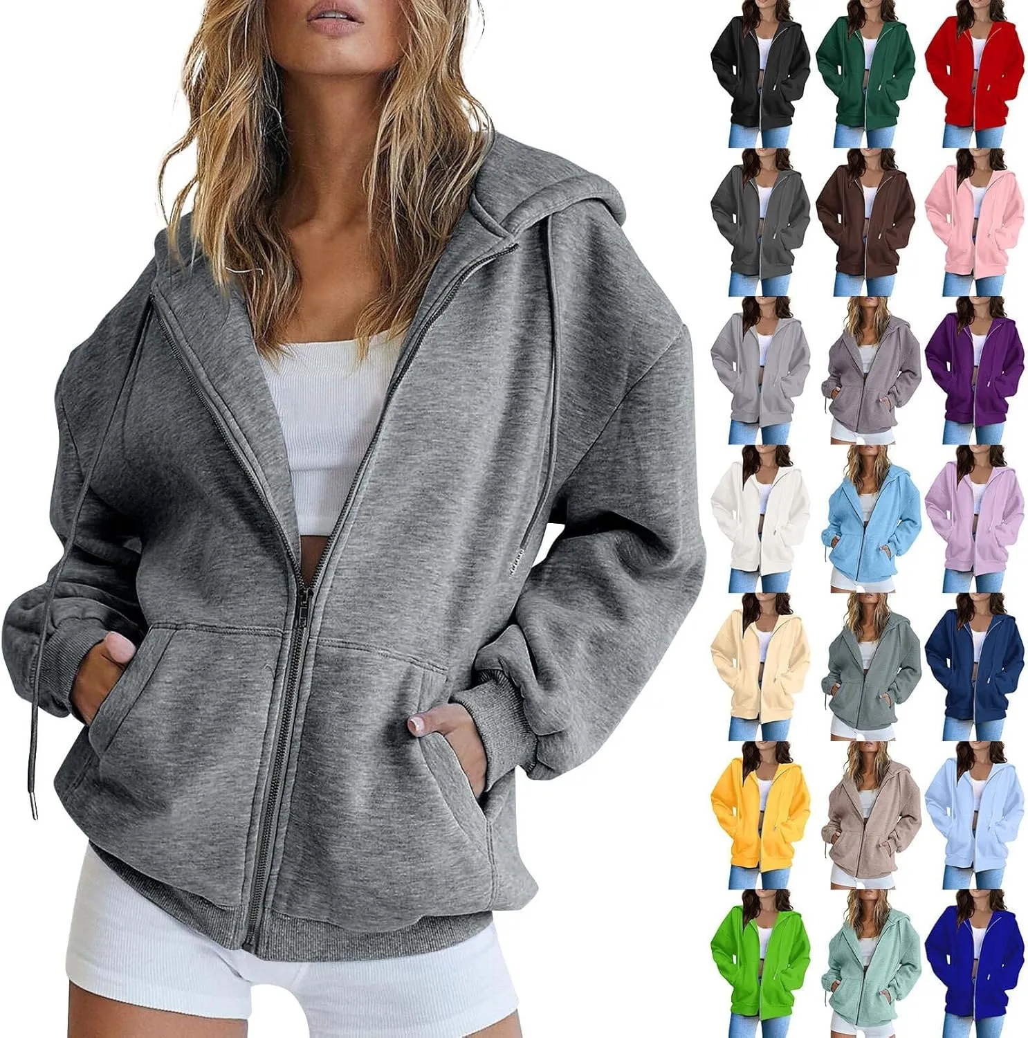 Women's Zip Up Y2K Hoodies Casual Long Sleeve Track Jackets With Pockets Fashion Vintage Oversized Loose Fit Hoodies