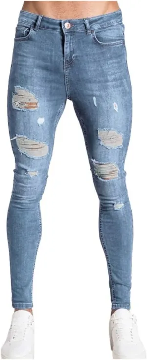 WUAI-Men Vintage Skinny Jeans Plus Size Stretchy Ripped Destroyed Slim Fit Moto Biker Denim Pencil Pants Jean(Light Blue,XX-Large