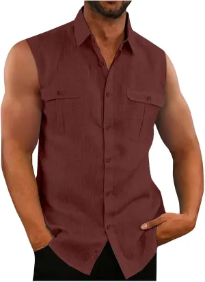 Xiaojmake Mens Sleeveless Button Down Shirts Collared Cotton Linen T-Shirt Summer Beach Basic Tank Tops Vest with Pockets