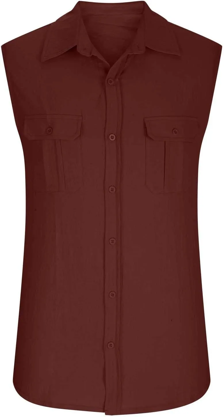 Xiaojmake Mens Sleeveless Button Down Shirts Collared Cotton Linen T-Shirt Summer Beach Basic Tank Tops Vest with Pockets